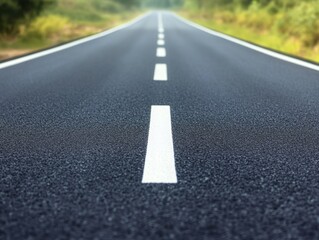 Fototapeta premium Asphalt road stretching into the distance with white lines under a soft light in a natural setting conveying a sense of travel and adventure