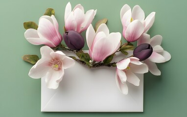 Elegant Pink Magnolia Flowers on White Envelope