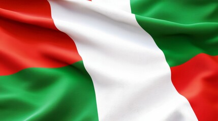 Obraz premium Dynamic Close-Up of Waving Flag with Vibrant Red White and Green Vertical Stripes, Textured Woven Fabric Material Highlighted by Bright Lighting and Soft Shadows, Capturing Motion,