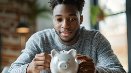 Man saving money financial planning piggy bank investment future goals wealth growth banking savings fund black man
