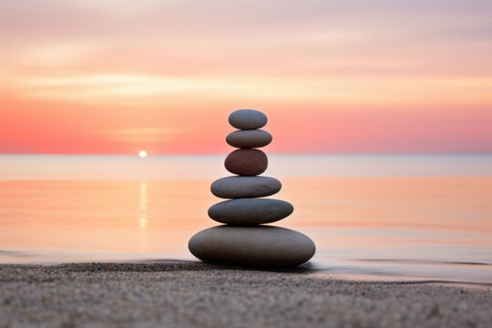 Stacked rocks on beach at sunset