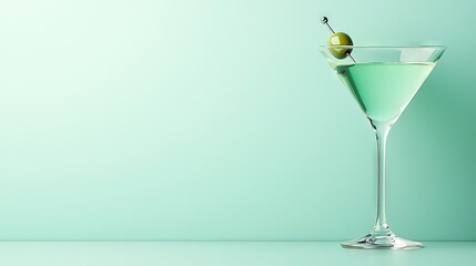   Martini glass with green liquid and olive on light green background