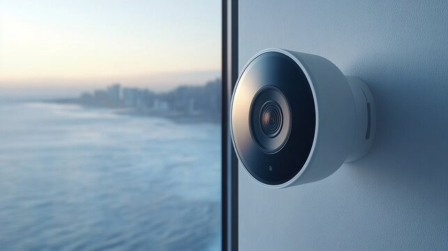 Close-up of a sleek white smart security camera mounted on a wall symbolizes surveillance safety and modern monitoring technology in a minimal bright setting with a focus on privacy and control

