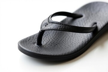Single black flip-flop on white background, close-up , accessory, minimal