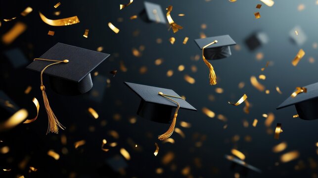 Graduation caps confetti. Flying students hats with golden ribbons isolated. University, college school education vector background