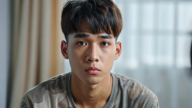 Young Asian male with a serious expression listens intently during a discussion, showcasing deep contemplation and engagement in interpersonal communication