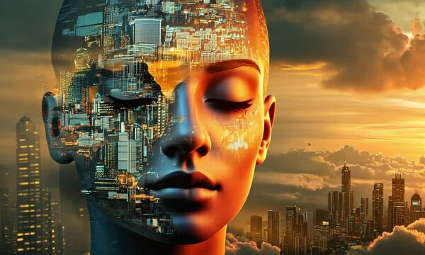 Woman, Cityscape, Sunset, Digital Art, Futuristic Portrait,  AI, Technology, Double Exposure, Dreamlike, Surrealism,  Modern,  Innovation,  Abstract,  Conceptual,  Imagination,  Science Fiction