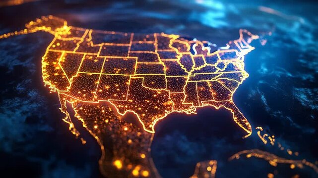 Digital map of the United States with a glowing outline