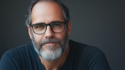Portrait of happy mature man wearing spectacles and looking at camera indoor. Man with beard and glasses feeling confident. Handsome mature man posing against a grey background