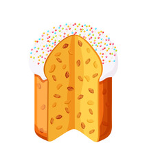 Easter cake front view in cartoon style. Vector illustration of tasty Easter cake cut, dough with raisins, sweet white icing, colored round sprinkles isolated on white background. Easter holiday.