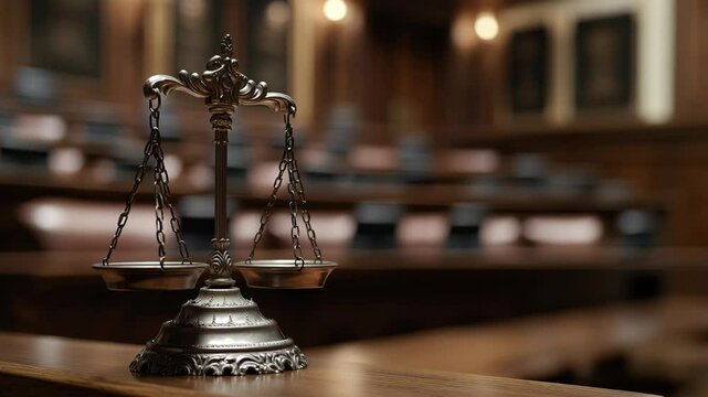 Scales of justice inside a courtroom representing fairness and law