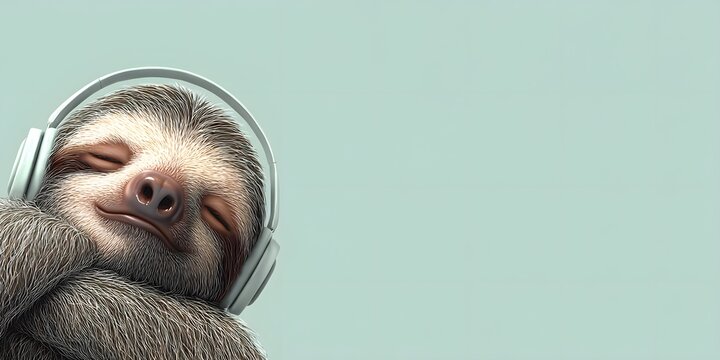 Relaxed sloth with closed eyes and headphones, enjoying music in a peaceful moment, captured against a pastel background in a calm and endearing animal portrait that radiates serenity