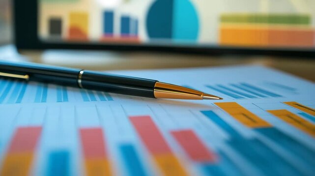 Close-up of a pen on a data sheet with graphs, business analysis concept