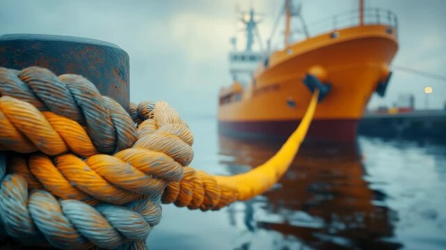 Ship docked at port tied with thick rope to bollard