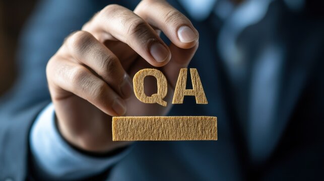 Businessman presses quality assurance word icon. Business concept QUALITY ASSURANCE. Performance, insurance, improvement, guarantee, service. Netwok, building, chart, plan, team, search, modernizatio