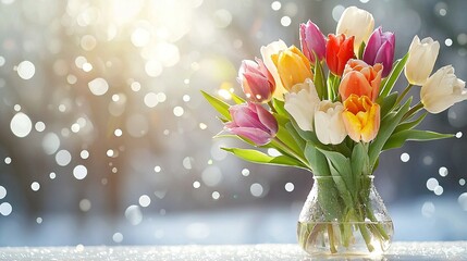  A vase brimming with vibrant tulips atop a table, set against a hazy backdrop