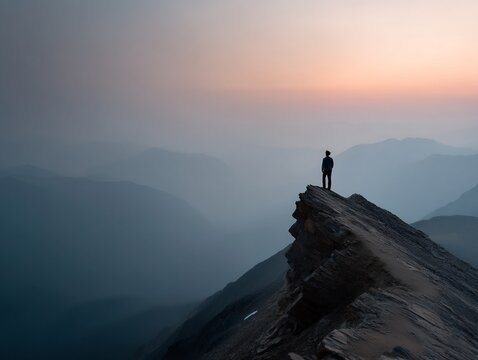 Silhouette of a man standing atop a mountain peak at a dusky dawn horizon