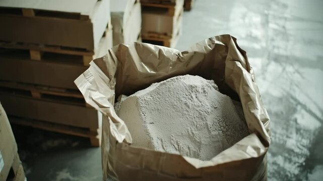 Open cement bag in warehouse