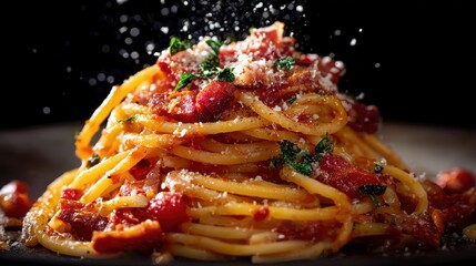 Fototapeta premium A delicious plate of pasta with a rich tomato sauce, topped with Parmesan cheese and fresh herbs.