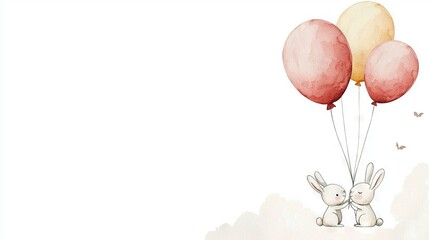   Two rabbits holding heart-shaped balloons and one with a butterfly on top