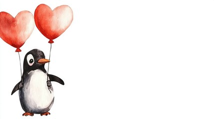 Obraz premium A penguin holding two heart-shaped balloons in its back against a white background