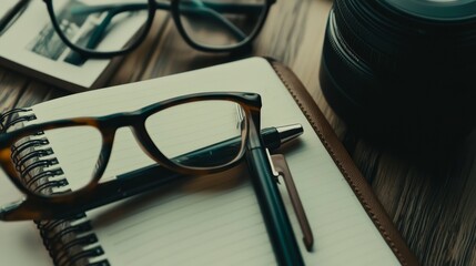 Close-Up of Notebook with Handwritten Notes and Eyeglasses on Table