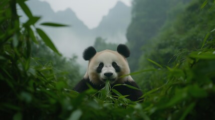 Obraz premium Panda bear sitting in a bamboo forest. the panda is looking directly at the camera with a curious expression.