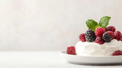   A white plate featuring whipped cream and raspberries atop a white table