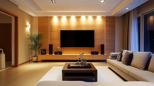 Modern living room, evening ambiance, TV, wooden wall, home theater setup