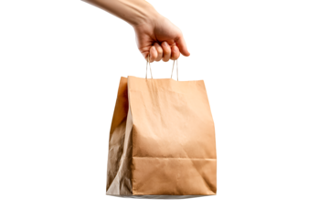 Hand holding a brown paper bag takeaway food delivery anticipation