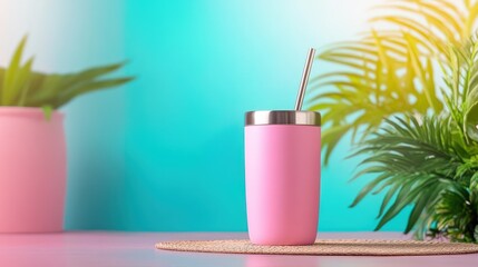 Fototapeta premium Tumbler with stainless straw on table mat