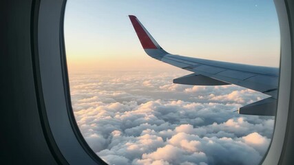 View of an airplane wing,. Airplane wing scenic calmly flying above soft white clouds under sunset sky - Powered by Adobe
