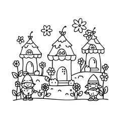 Naklejka premium Kids' coloring page in fantasy style, black and white line art of gnome houses with mushroom roofs, smiling gnomes gardening, birds flying, and flowers blooming