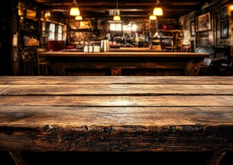 Obraz premium Rustic wooden bar top with blurred vintage interior