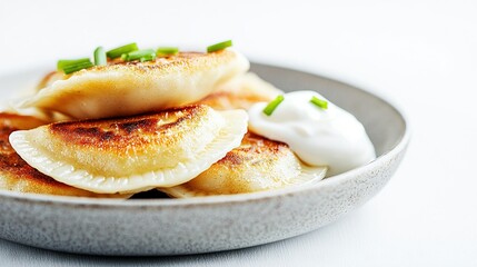   A close-up of a plate of dumplings with sour cream on top
