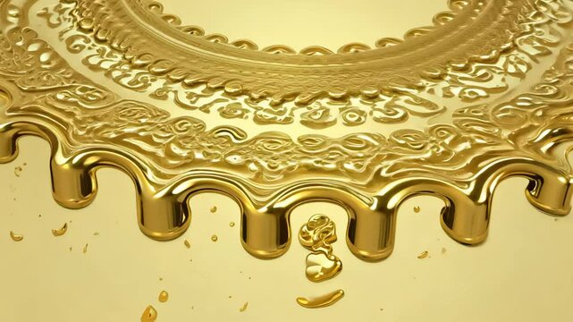 Golden liquid creating ornate pattern with intricate dripping texture in motion