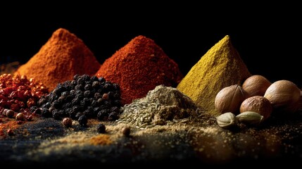 Aromatic spices in vibrant hues create a captivating still life. The rich colors and textures invite exploration of diverse culinary flavors.