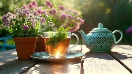 Refreshing Mint Tea in Sunlight with Blooming Flowers