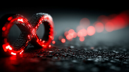 A glowing digital infinity symbol floats against a blurred colorful tech background symbolizing endless possibilities innovation and the boundless nature of digital transformation and connectivity

