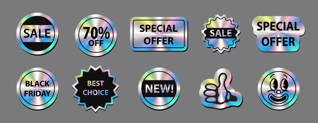 Sale hologram stickers. Holographic silver metallic labels. Black Friday glossy patch elements in different shapes. Discount, best price, new, special offer, like smile emblems.