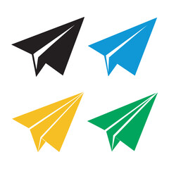 Colorful Paper Airplane Icon Set, Paper Plane sign. Airplane symbol. Travel icon. Flight flat label