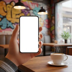 Coffee shop scene with mobile phone mock-up.