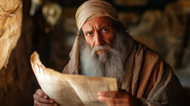 Ezra, a scribe and priest who restored Jewish law and traditions, attempts to read the scrolls in his hands.