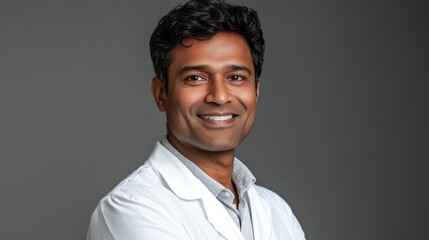 Obraz premium medicine, science and profession concept - smiling indian male doctor or scientist in white coat over grey background