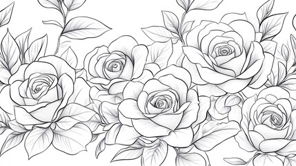 Elegant rose floral line art, seamless pattern, white background, design element
