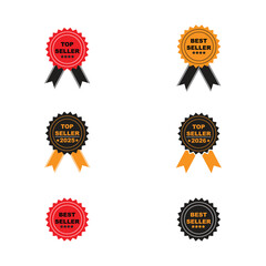 Top seller and best seller ribbon badge set, vector labels with stars and years