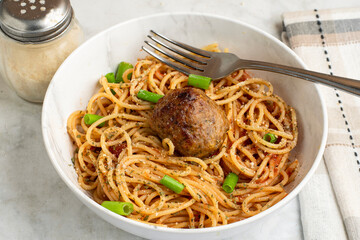 spaghetti with scallions and meat ball