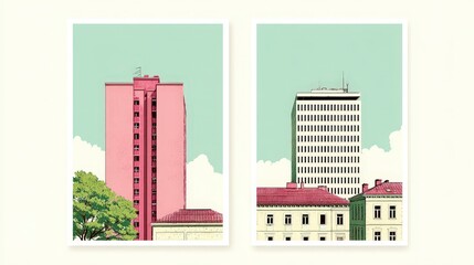 Fototapeta premium Trendy Minimalist Cityscape Art Prints Pink Beige Buildings Modern Architecture Urban