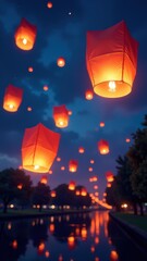 Nighttime festival of floating lanterns over tranquil river.