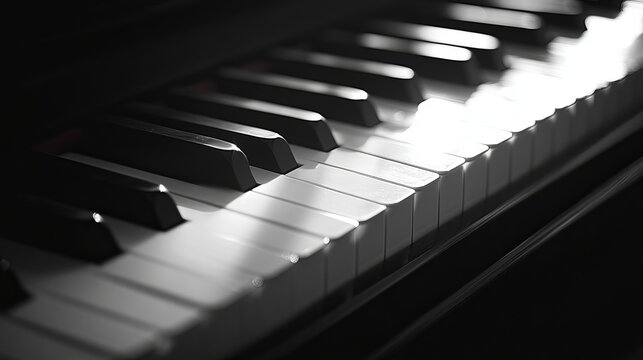 Closeup view of a piano keyboard illuminated by sunlight showing black and white keys in monochrome